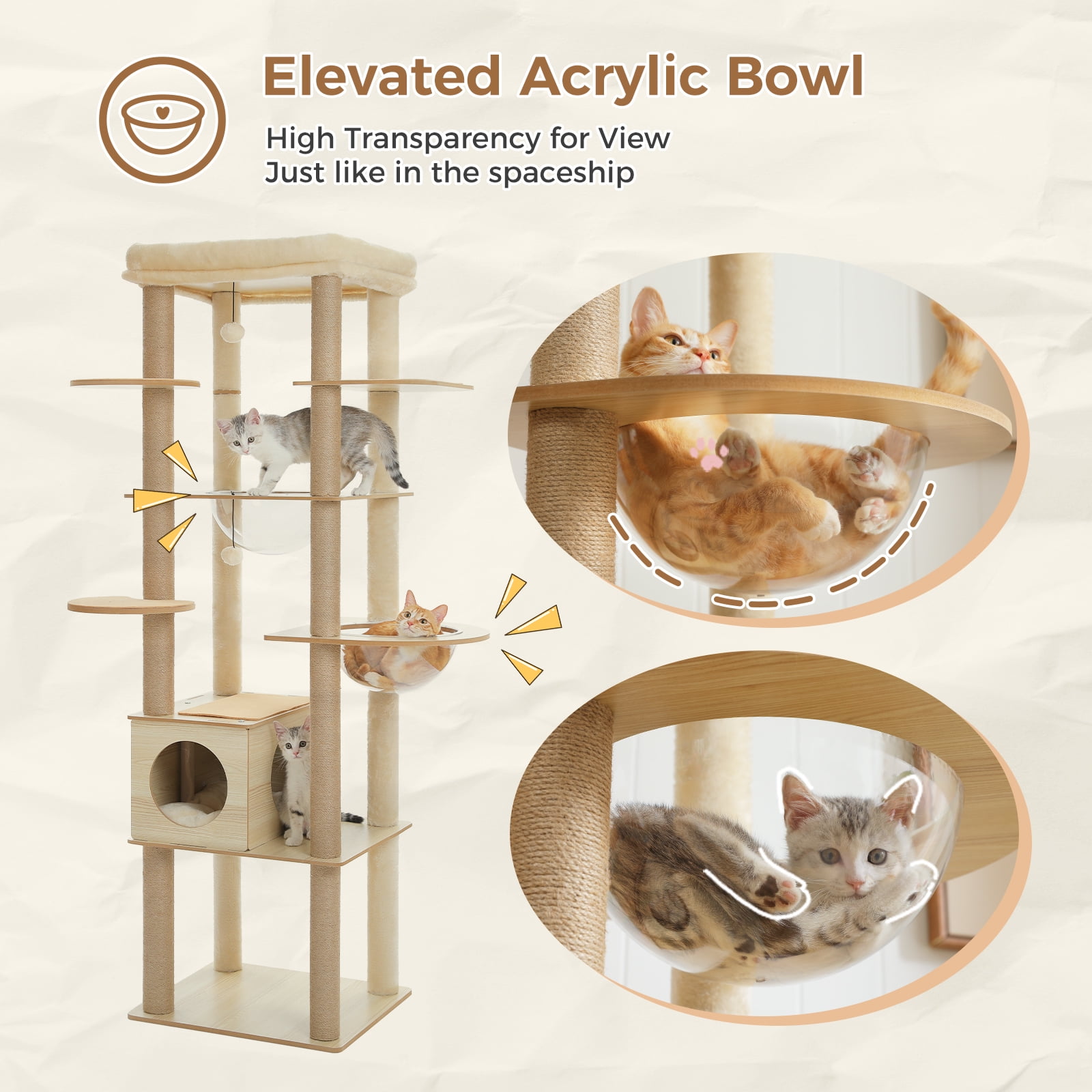 PEQULTI 71" Wood Cat Tree Large Cat Tower with Acrylic Bowl & 10 Sisal Scratching Posts Beige Indoor