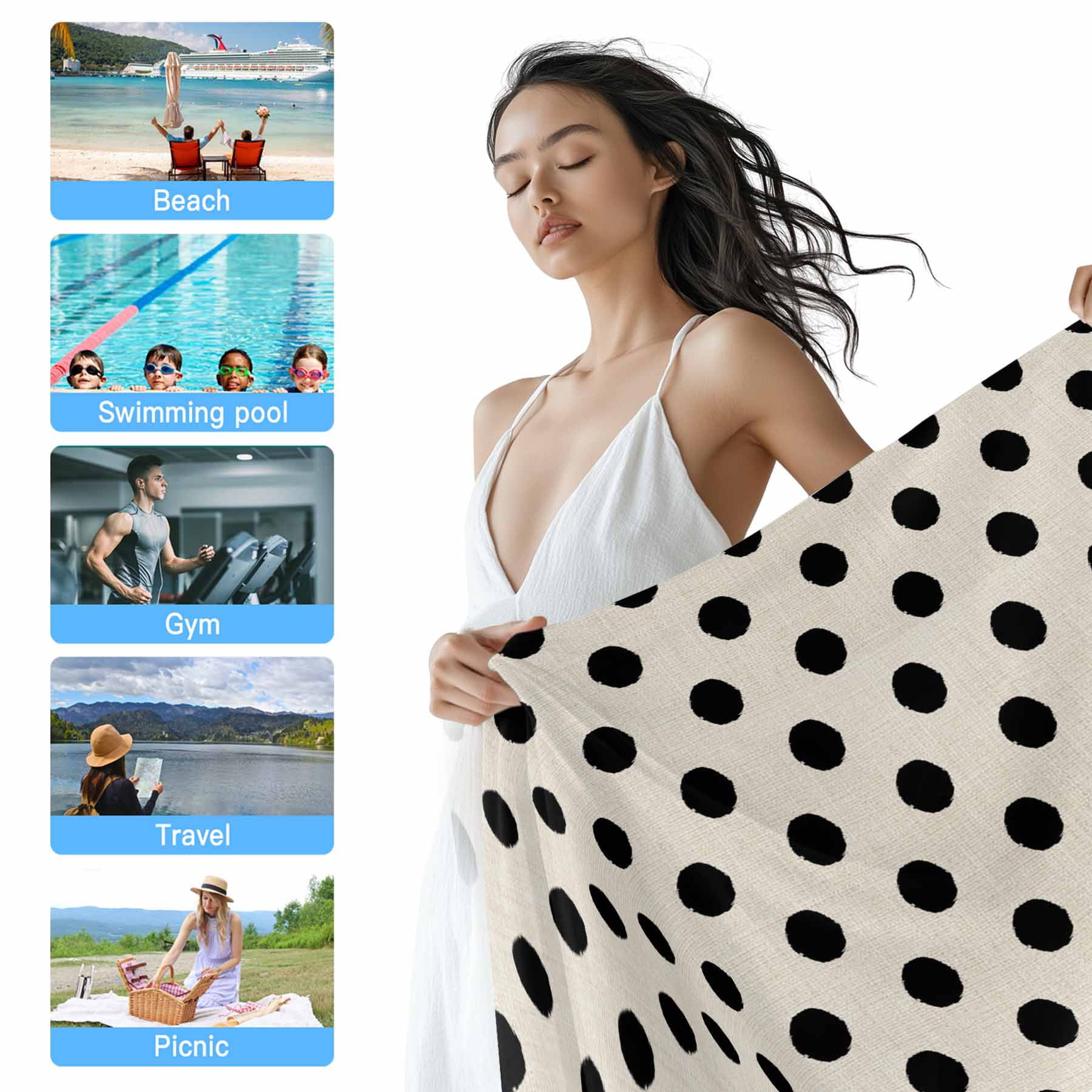 Beach Towel Black White Polka Dots Bath Pool Towels Cute Solid Color Linen Absorbent Beach Towel Soft Large Quick Dry Lightweight Camping Travel Sports Yoga Gym Swim Towels for Adult 35x70 Inch