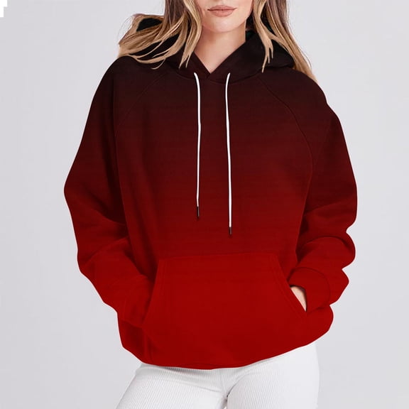 CQONEPT Womens Sweatshirts Drawstring Casual Hoodies Fleece Lined Pullover Tops Color Block Clothes with Pockets Wine 2XL