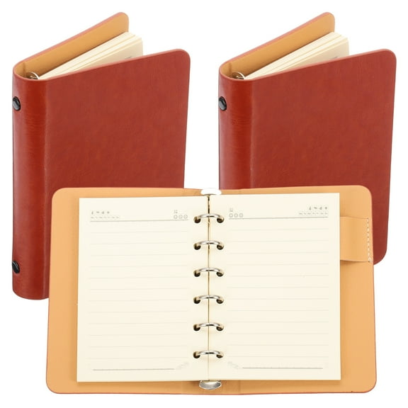 6 Ring Binder Cover, 2 Pack A7 Leather Notebook Binder Mini Refillable Loose Leaf Personal Planner with 50 Sheets Line Paper, Orange