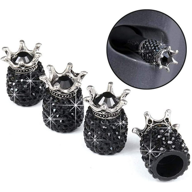 Valve Stem Caps, 4 Pack Handmade Crystal Rhinestone Universal Car Tire Valve Caps Chrome,Attractive Dustproof Bling Car Accessories, Black