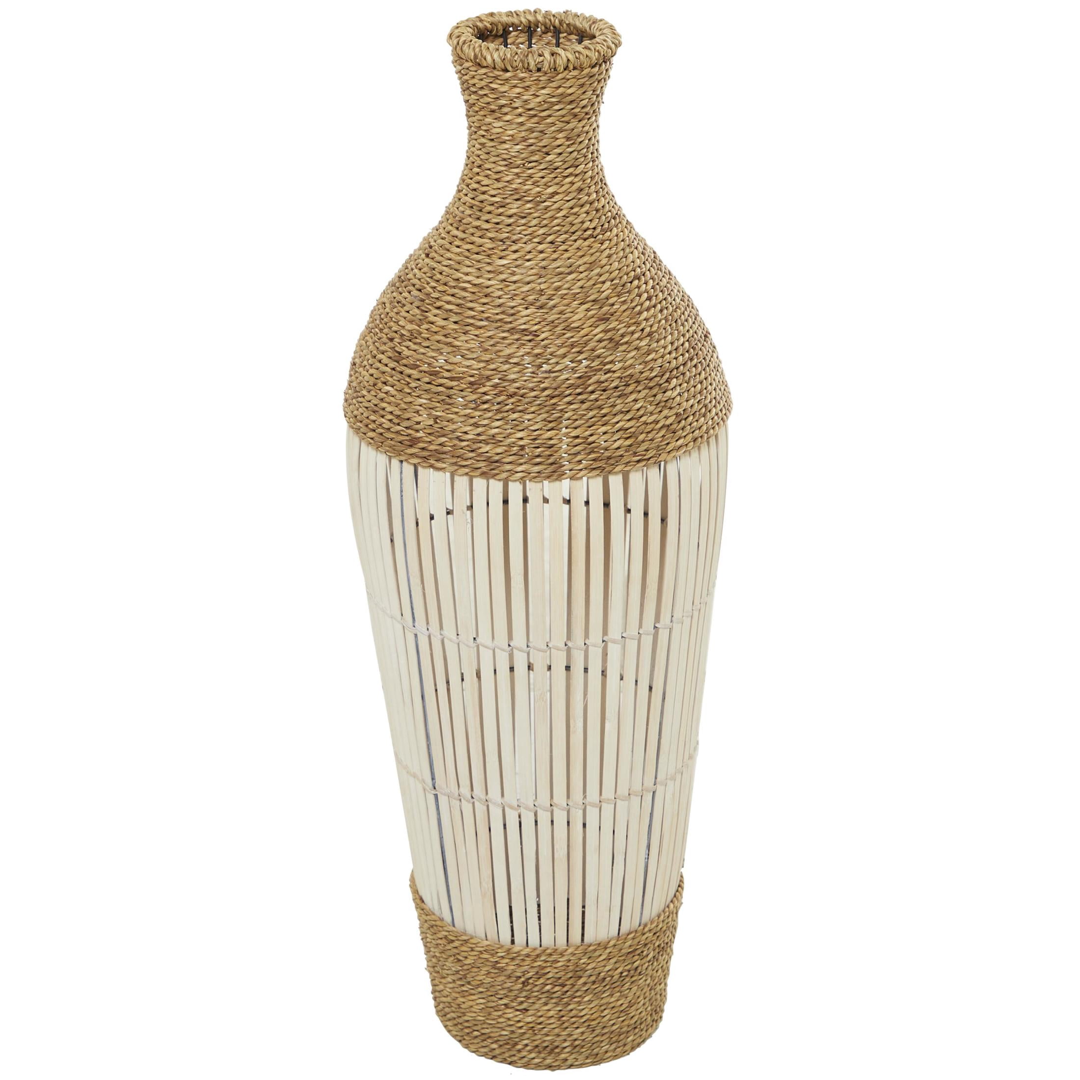 DecMode Seagrass/Bamboo Bohemian Round Tapered Decorative Vase 11"W x 32"H, with Coiled Brown Woven Rope and White Bamboo Slats