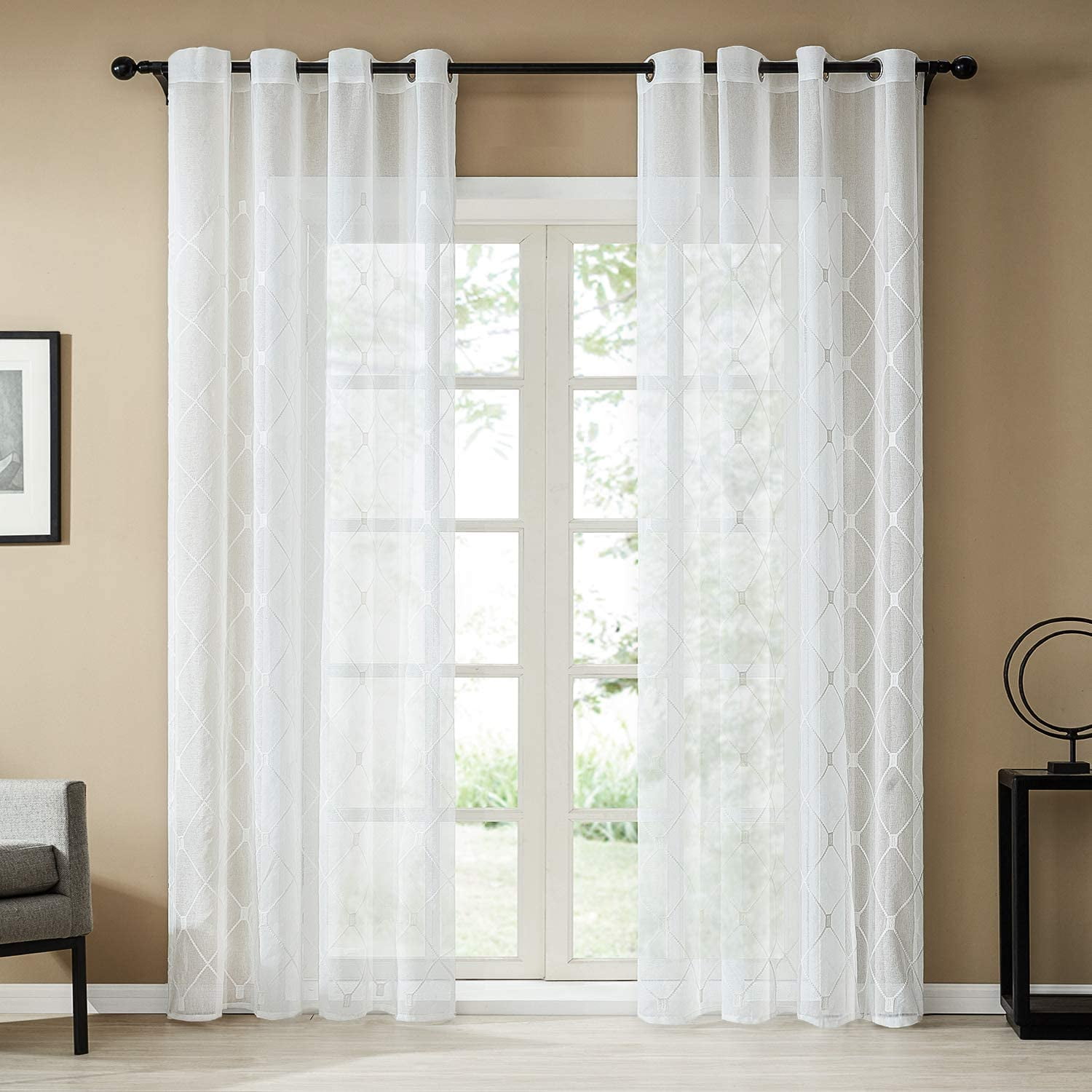 Topfinel White Sheer Curtains 90 Inches Long Embroidered Diamond
