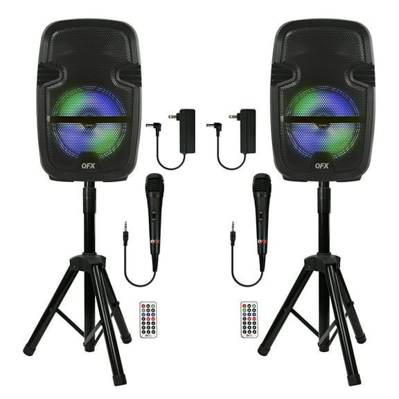 QFX PBX-808TWS Dual 8-Inch Portable Bluetooth PA Speaker System with Stands, Wired Mics, Remotes, USB/FM/TWS/LED
