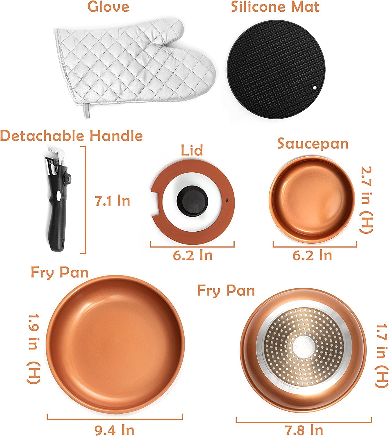 Moss & Stone Copper Pots And Pans Set Nonstick, Removable Handle Cookware, Stackable Pots And Pans Set, Dishwasher safe, Induction Pots And Pans, Camping Cookware Set, Aluminum (7 Pcs)