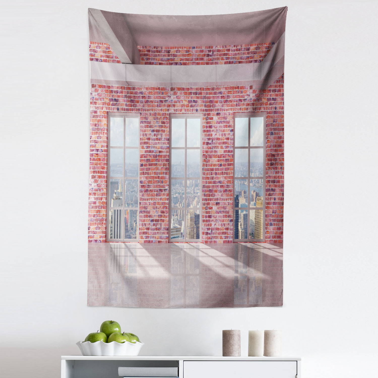 Urban Tapestry, Red Brick Wall Loft Interior with Windows to City Urban ...