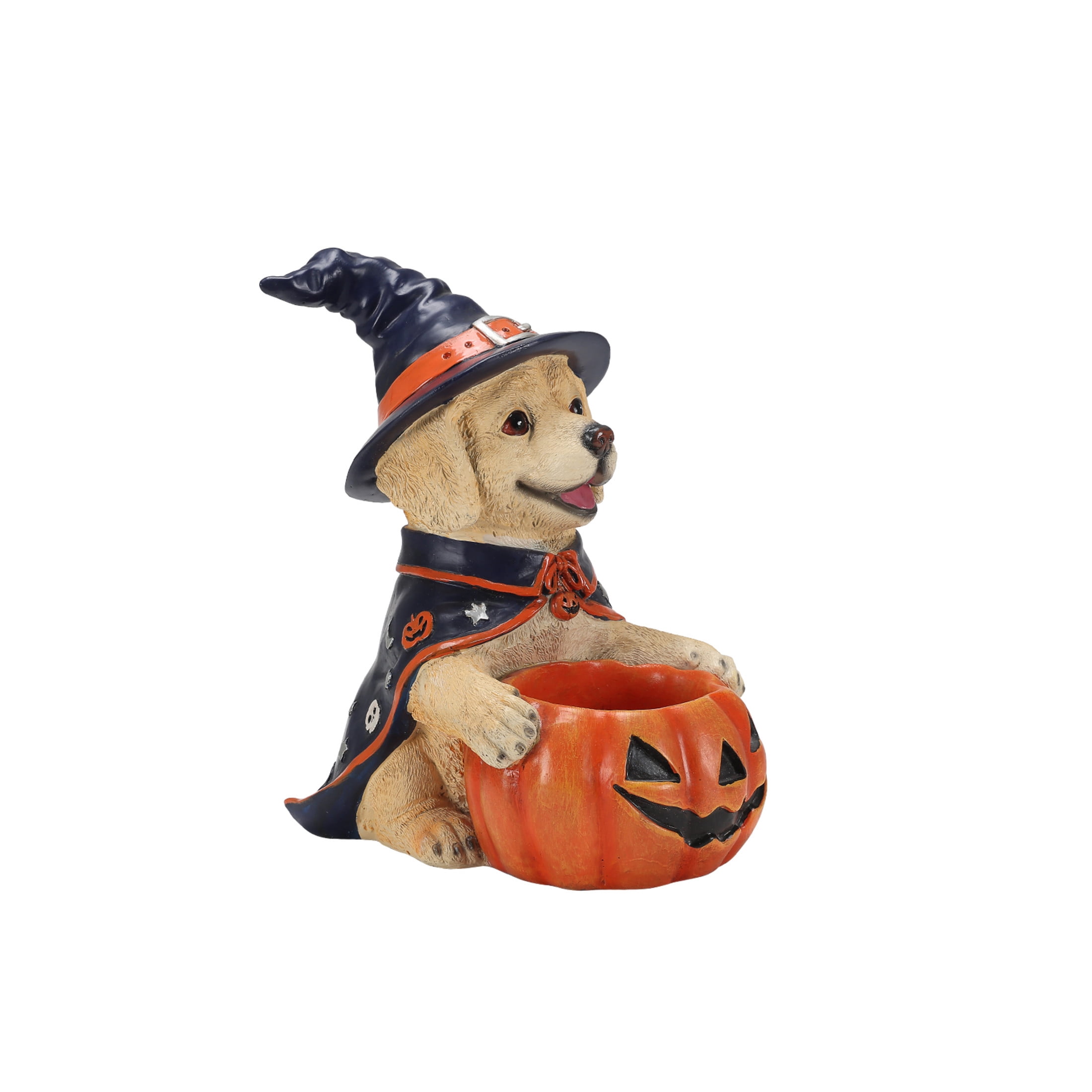 Noble House Halloween Labrador Retriever Witch Puppy Figurine with Pumpkin Candy Bowl, Decorative Statue, Brown
