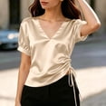 thumbnail image 4 of cocolona Womens Summer Satin Tops V Neck Short Sleeve Drawstring Side Slim Fit Shirt Trendy Casual Solid Color Blouses, 4 of 5