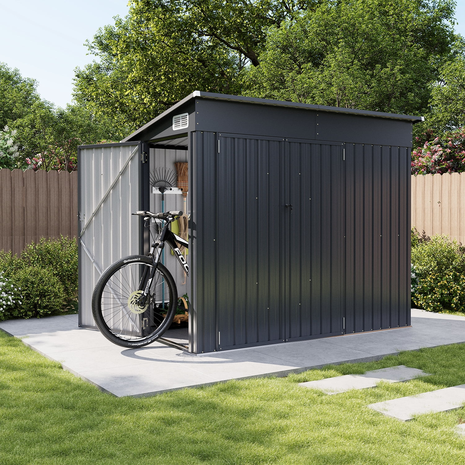 BaPiPro 8'x4' Lean-to Metal Storage Shed with Floor, Outdoor Lockable Shed with Triple Doors & Vents for Garden, Backyard, Patio - Black