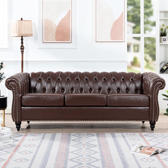 Dark Brown Pu Leather , 84.45", Three Seater With A Stylish Rolled Arm Design 84.45" Seater, Smooth And Even Seat Surface