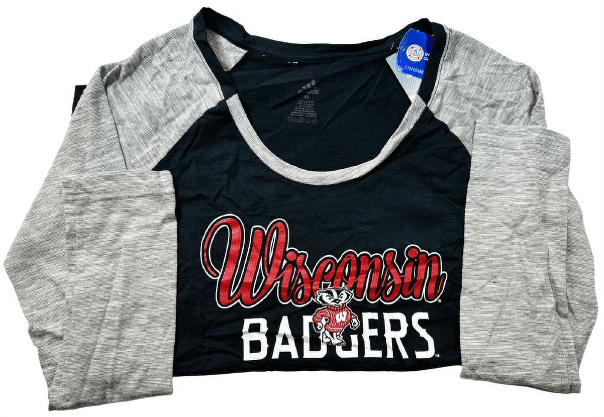 adidas Women's Wisconsin Badgers Tail Sweep Bling Slub T-Shirt- Black/Heather,XL