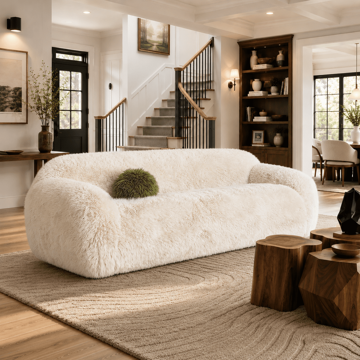 Aenkyo 84 Inch Plush Faux Fur Sofa, 25 Inch Deep Seat 3-Seater Couch with Ball Pillow, Sand
