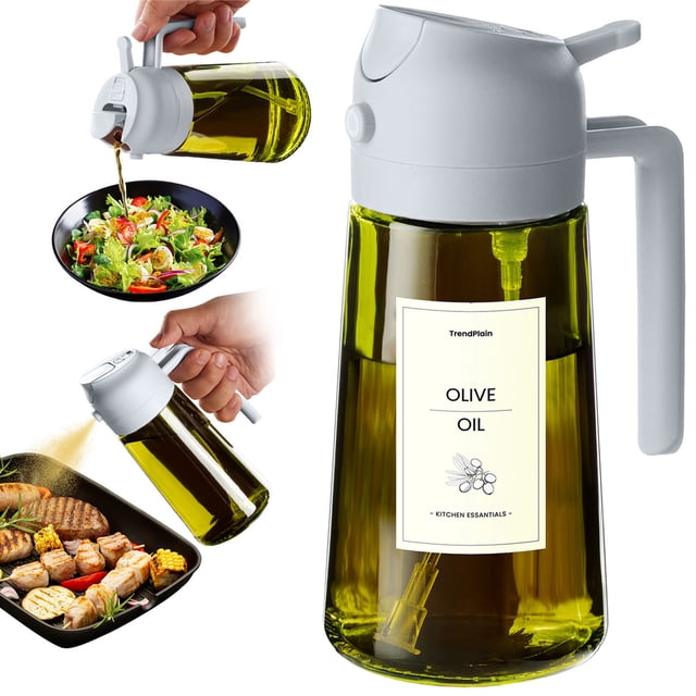 TrendPlain Dispensador de Aceite de Vidrio 16oz con Atomizador, Pulverizador de Aceite de Oliva para Cocina con Etiquetas, Tapa Gris