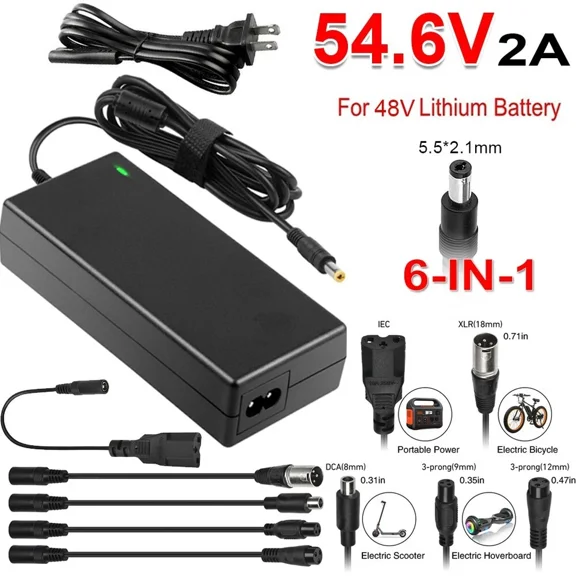6-IN-1 48V Li-ion Battery Charger DC 5.5x2.1mm Plug 54.6V 2A