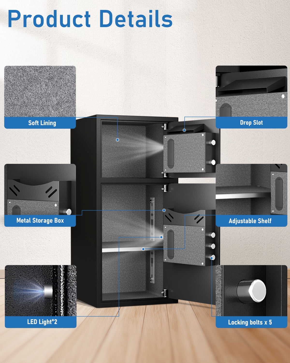 6.0 Cuft Extra Large Home Safe Box Fireproof Waterproof, Fingerprint Safe, Home Security Safes Box with Adjustable Shelf & Deposit Slot, Money Safes with Backlit Keypad & Dual Alarm for Home Office