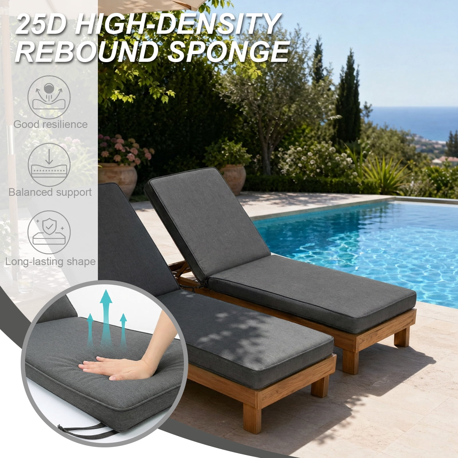 BPS 72" x 21" x 3" Outdoor Chaise Lounge Cushion, Fade & Water Resistant Patio Chair Cushion, Set of 2 - Charcoal
