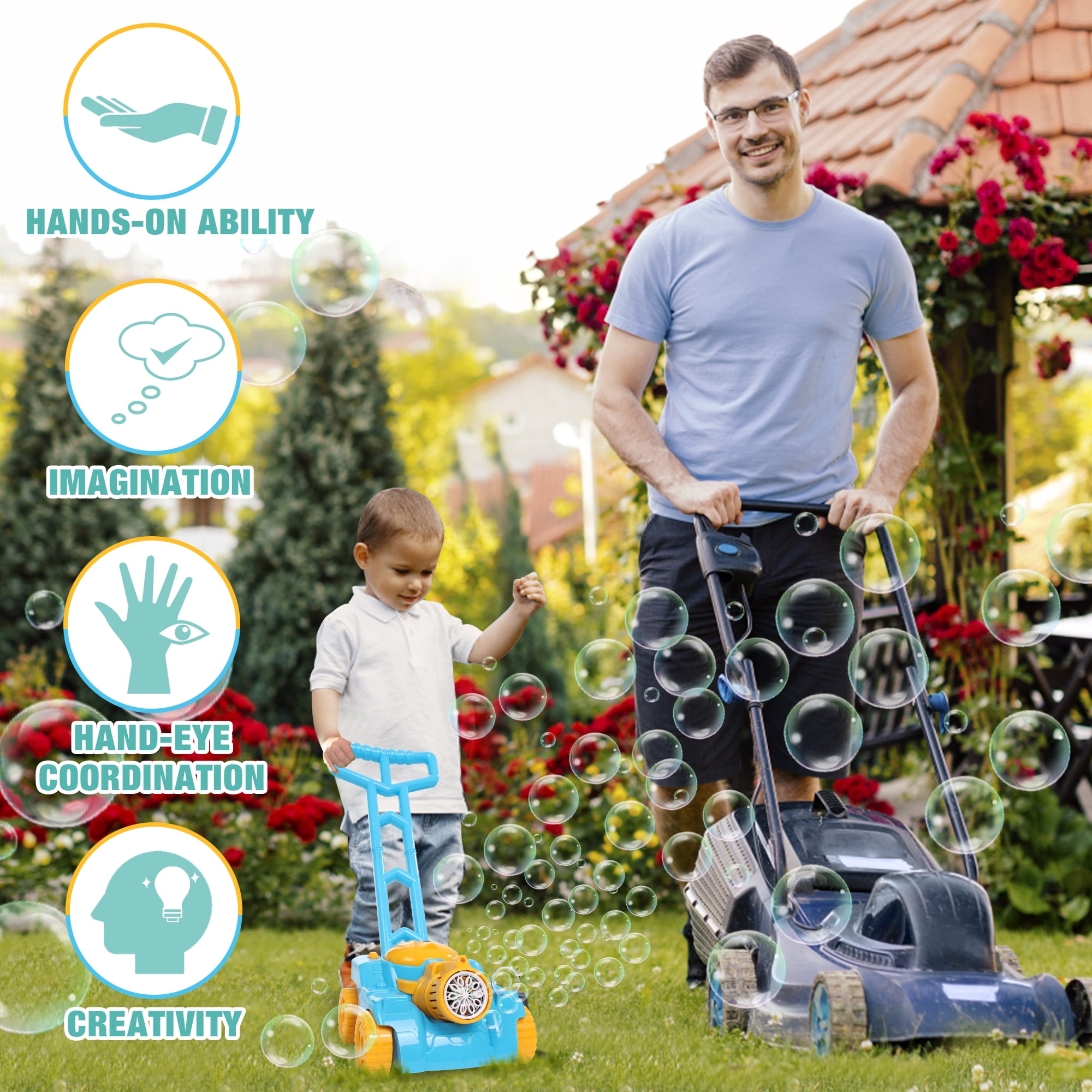 Wisairt Bubble Lawn Mower, Bubble Machine for Toddlers Kids, Outdoor Push Toy Gift for Preschool Boy Girl 3+, Blue & Yellow
