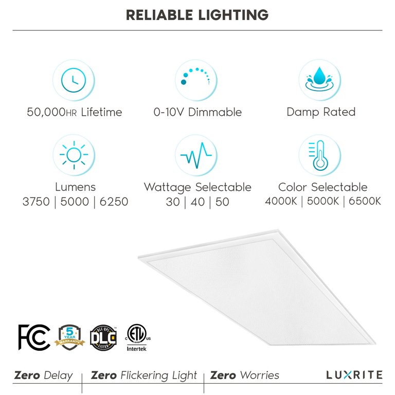 LUXRITE 2x4 LED Panel Light For Drop Ceilings — Adjustable Color & Brightness, Dimmable, Anti-Glare — 2 Pack