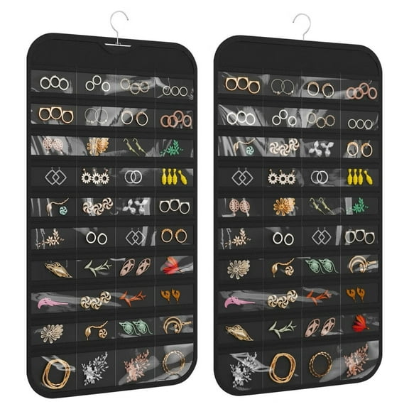 1-Pack Hanging Jewelry Organizer 80-Pocket Dual-sided Jewelry Storage for Jewelry Earring Necklace Bracelet Ring Storage Travel Holder,Black
