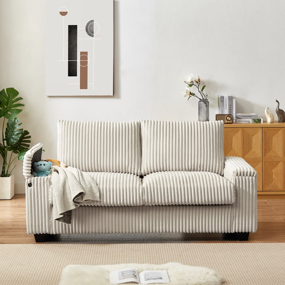 Hommoo 71" Corduroy 2-Seater Sofa with Storage and USB port, Modern Loveseat Sofa for Apartment, Home&Office, White