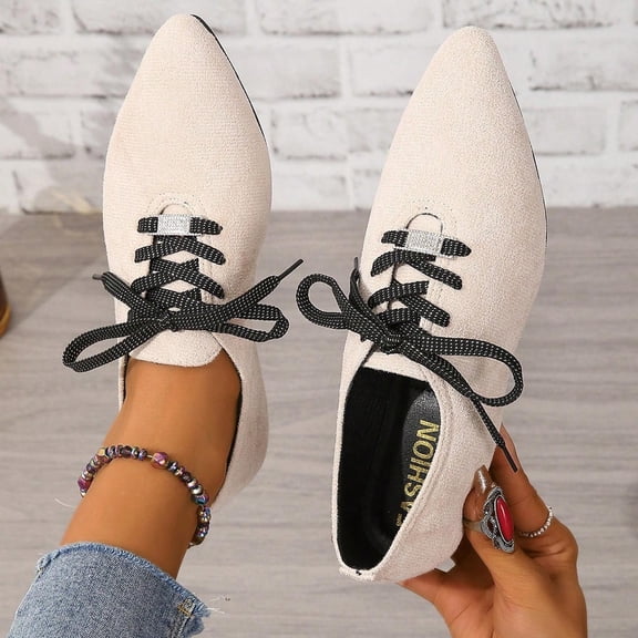 Aobny Micro-Wedge Women Shoes Teacher Shoes Business Casual Shoes Wingtips Flat Shoes Shoes Pointy Toe Lace-Up Beige Arch Support Womens Casual Shoes,Size 37