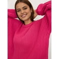 thumbnail image 4 of Women'S Crew Neck Sweater Long Sleeve Lantern Sleeve Hollow Knit Loose Casual Sweater Rose Red L, 4 of 9