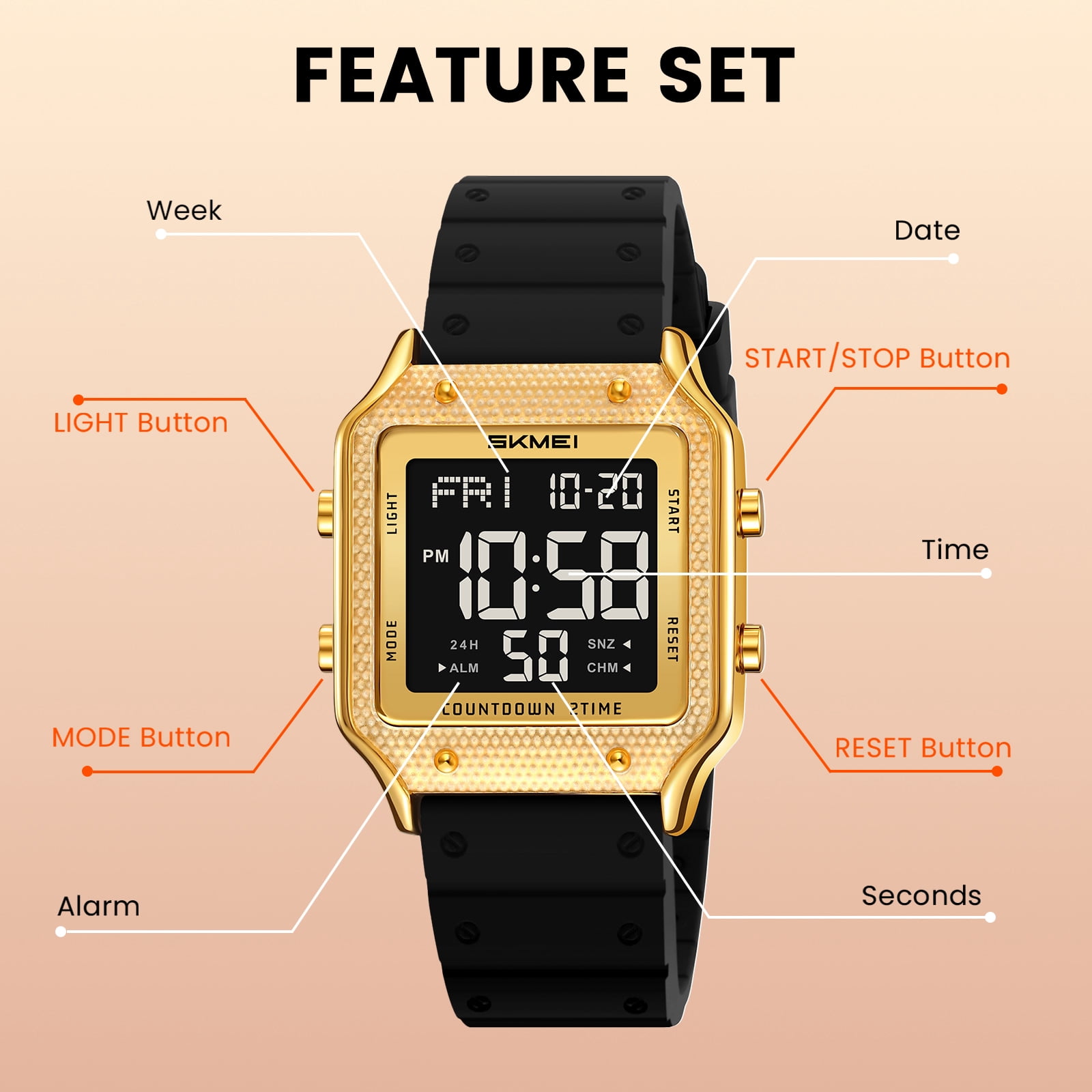 SKMEI Watches for Women Outdoor Sport Digital Watch Waterproof Chronograph Womens Wristwatch with Alarm/Back Light/Dual Time