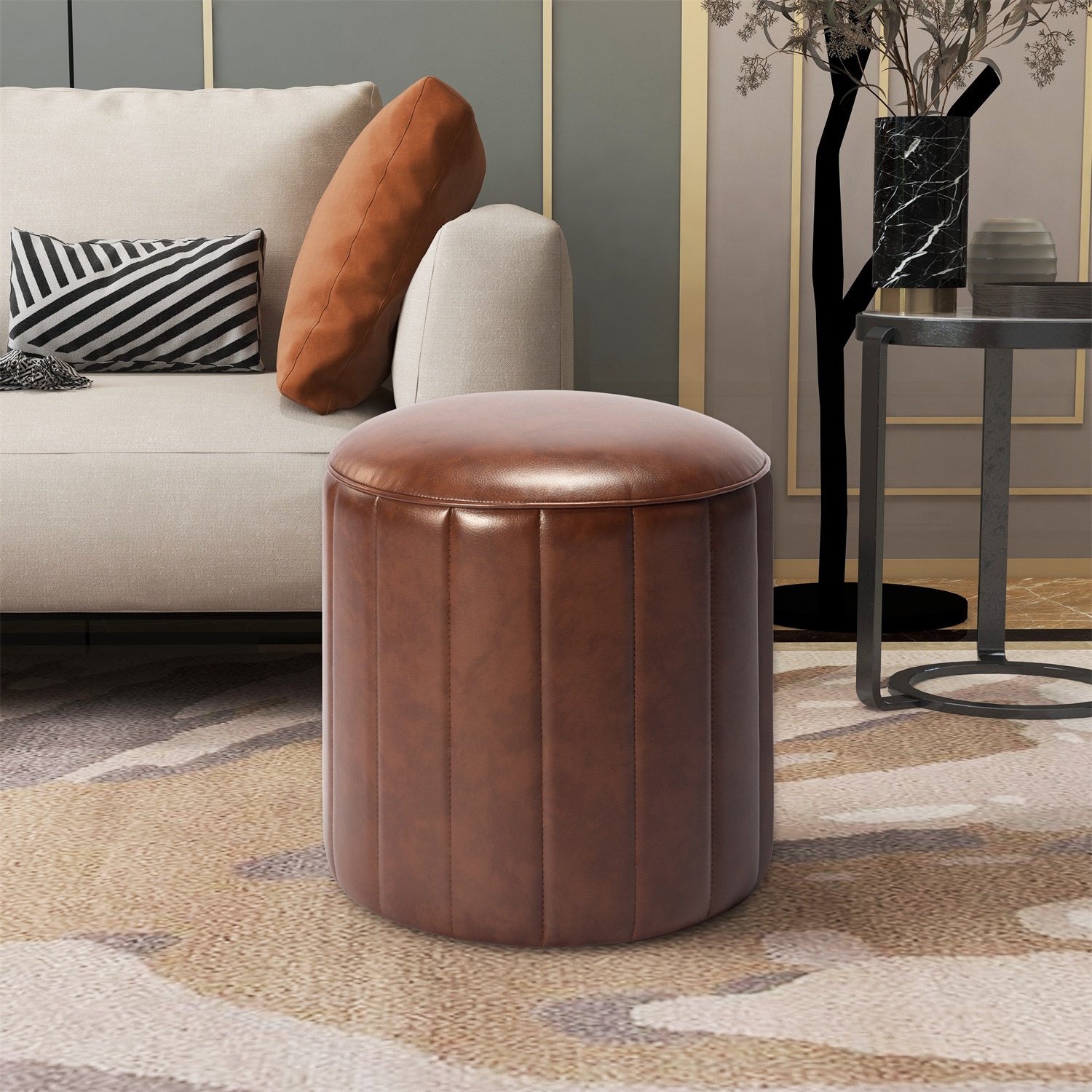 Kadyn 16.5" Round Ottoman, PU Upholstered Footstool for Living Room, Modern Round PU Ottoman for home, Brown Kadyn 16.5" Round Ottoman, PU Upholstered Footstool for Living Room, Modern Round PU Ottoman for home, Brown