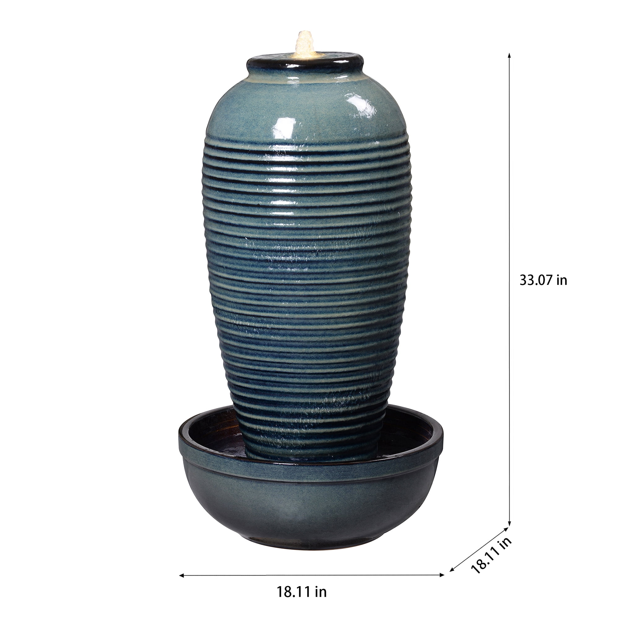 Blue Ceramic Ribbed Vase Fountain, Decorative Water Fountain with LED Lights and Quiet Pump, Indoor Outdoor Water Feature for Patio, Garden, Deck, Balcony, Office and Home Décor