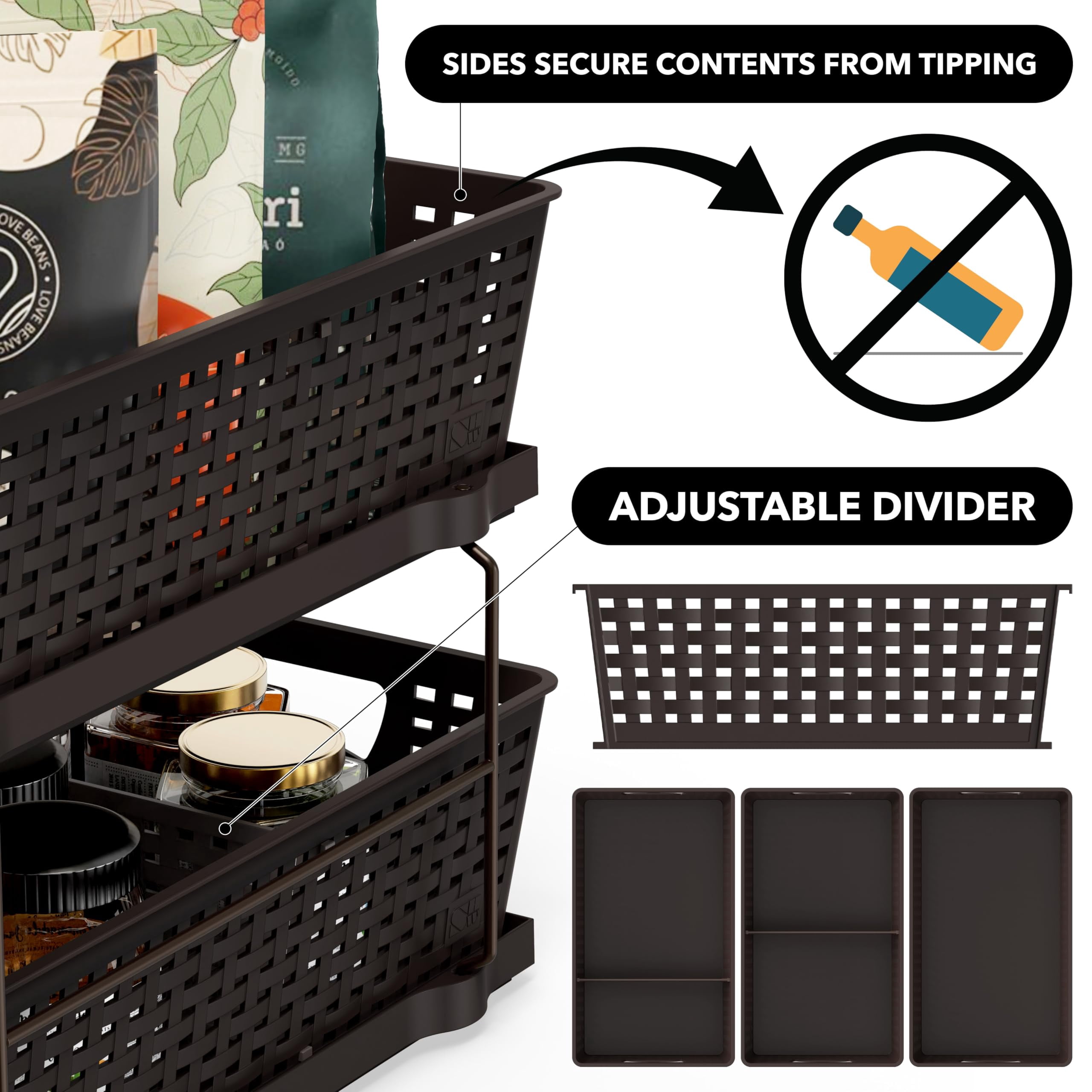 2 Tier Bathroom Organizer Tray Pull-out Sliding Drawer  Under Sink Storage Brown