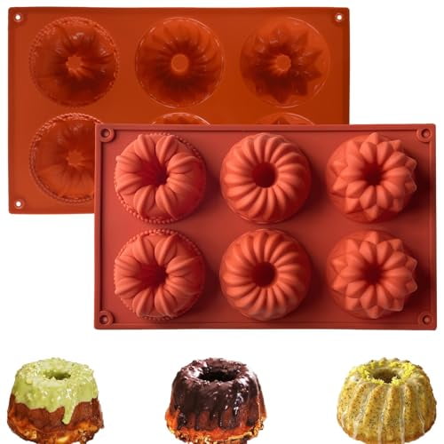 2PCS Mini Bundt Cake Silicone Pans,6-Cavity Fluted Tube Cake Mold,Nonstick Baking Mold for Cupcake,Donut,Jelly,Brownie