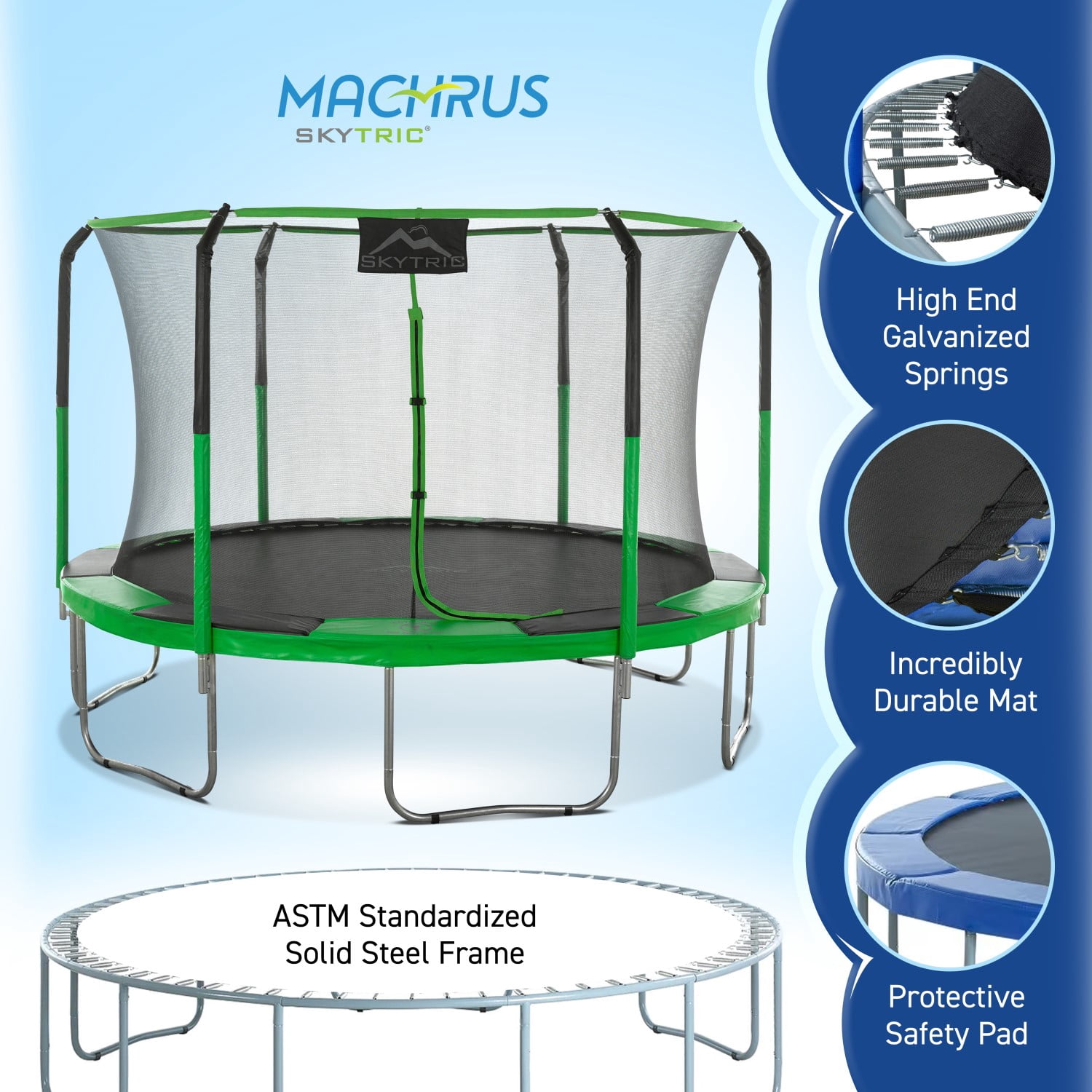 Machrus Skytric 11 FT Round Trampoline Set with Premium Top-Ring Flex Frame Safety Enclosure System