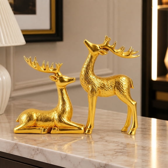 Christmas Resin Reindeer Figurines, Gold Deer Decor, Holiday Decoration, Elegant Resin Craftsmanship for Home and Office Display