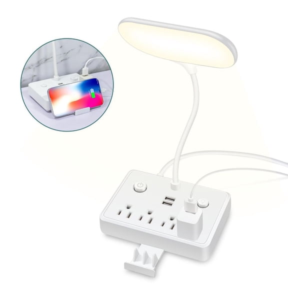 Flexible Dimmable LED Desk Lamp Surge Power Strip, 4 AC Outlets 2 USB Ports, 3 Light Modes with Detachable Phone Stand,White