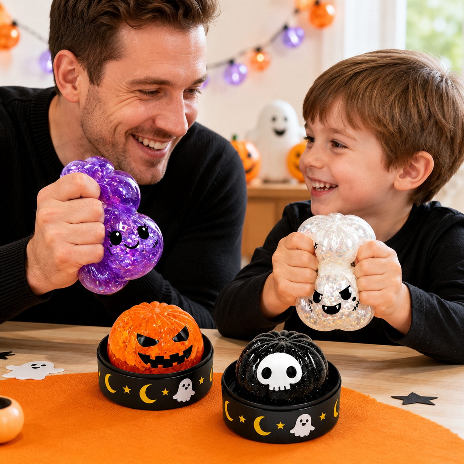 Halloween Mystery Blink Box Stress Ball Toy, Glitter Filled Dumpling Squishy Toys Spooky Eyeball Ghost Design, Anti Anxiety Fidget Toy Holiday Stocking Stuffers A4-1PC