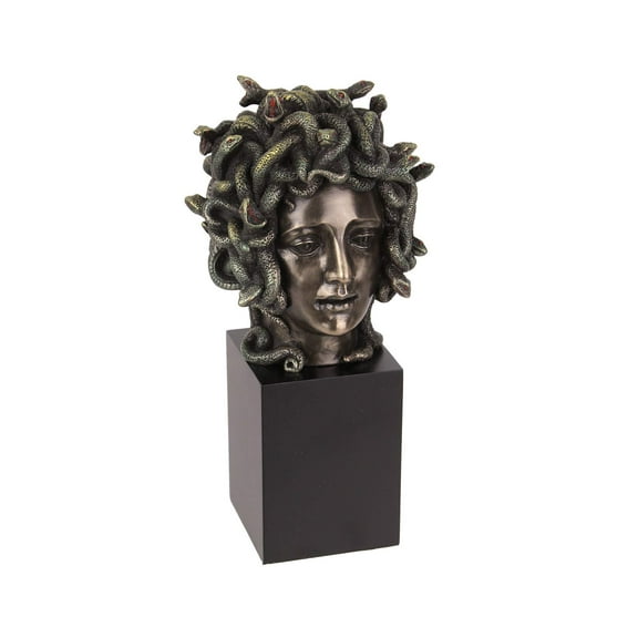 Veronese Design Cast Bronze Resin Medusa Head Figure on Plinth Bust Sculpture Painted Accent Art