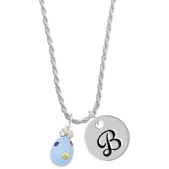 Delight Jewelry Silvertone Light Blue Easter Egg with Multicolored Crystal Dots Silvertone Script Initial Disc - B - Charm Necklace, 20"+3"