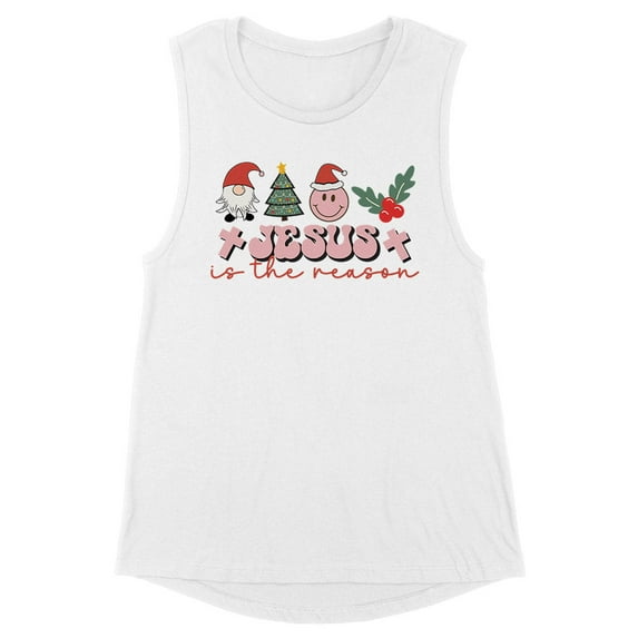 Smiley Jesus Is the Reason Christmas Women's Muscle Tank Large White