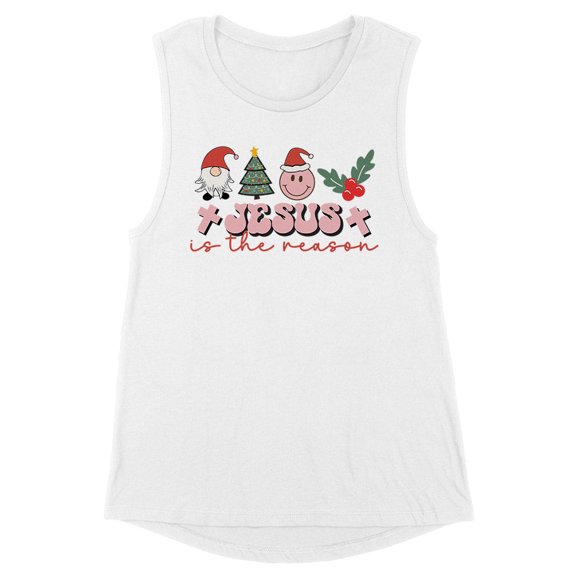 Smiley Jesus Is the Reason Christmas Women's Muscle Tank Large White