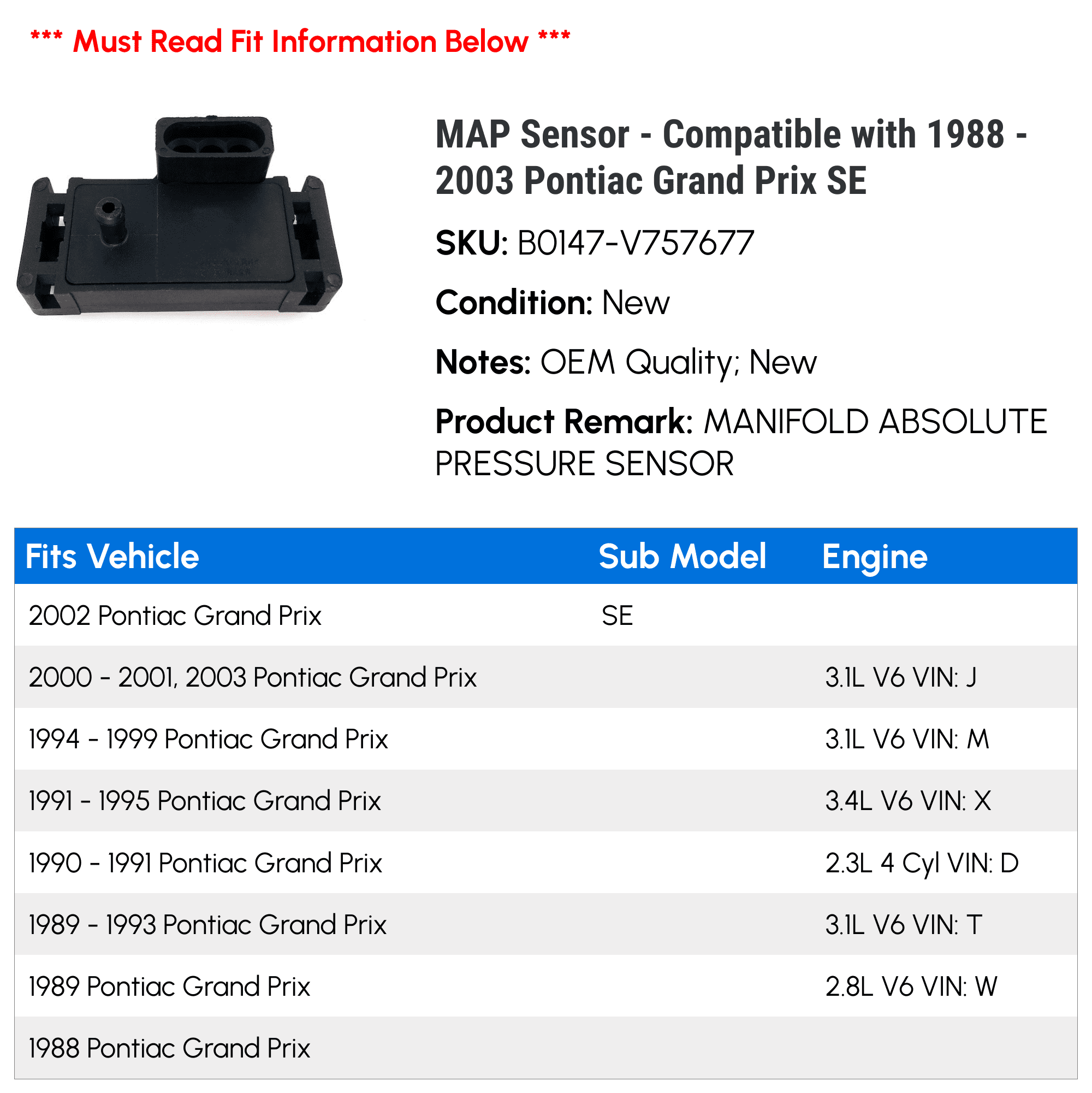 MAP Sensor - Compatible with 1988 - 2003 Pontiac Grand Prix SE 1989 1990 1991 1992 1993 1994 1995 1996 1997 1998 1999 2000 2001 2002