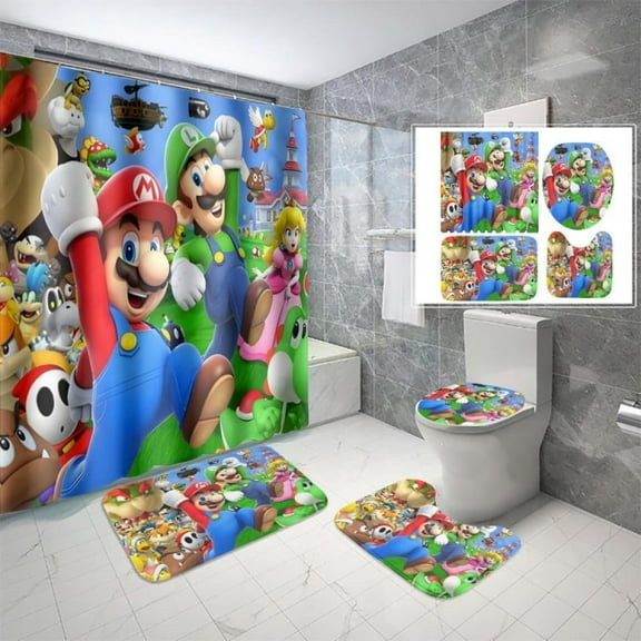 Lheaggik Cartoon Game Brother 4 Pcs Bathroom Sets with Shower Curtain and Rugs, Waterproof Polyester Shower Curtain Sets with Hooks