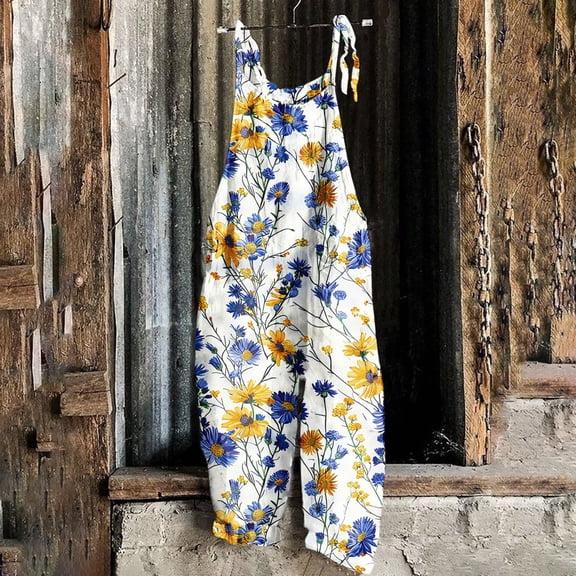 Maqroz Jumpsuits for Women Casual Wide Leg Boho Floral Print Overalls Drawsting Spaghetti Strap Rompers Summer Travel Vacation Baggy Clothes Multicolor M