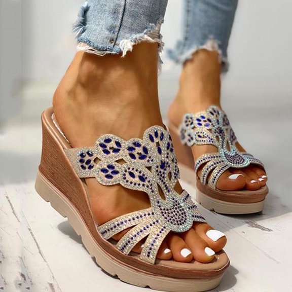 Floenr Womens Sandals Flip Flops for Women,Women Ladies Crystal Wedges Thick Peep Toe Sandals Slippers Shoes