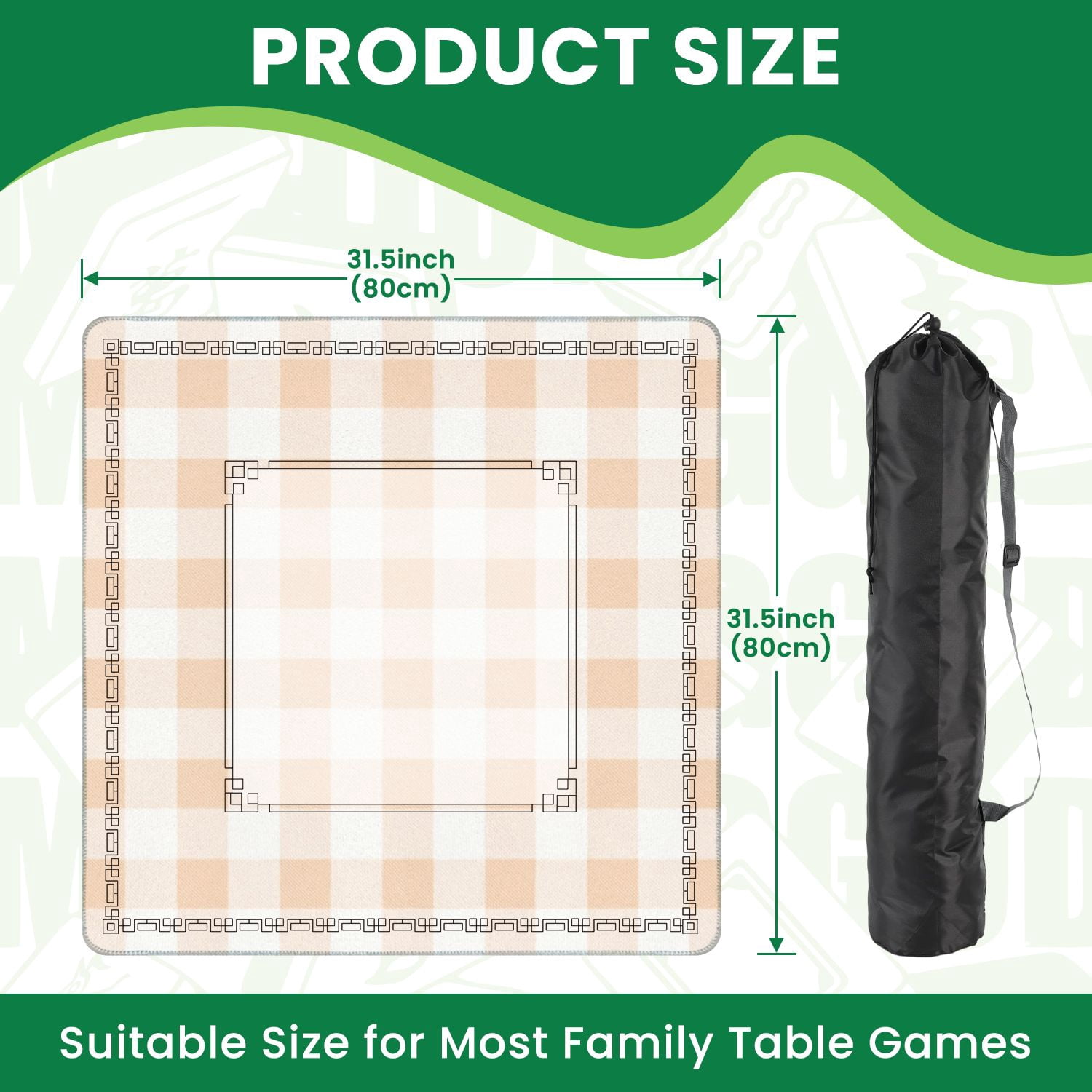 Mahjong Mat 31.5" x 31.5" Peach Gingham Checkered Soft Beige Squares Non-Slip Noise Reduction American Mahjong Tiles Table Cover for Dominoes Poker Card Board Games Gift