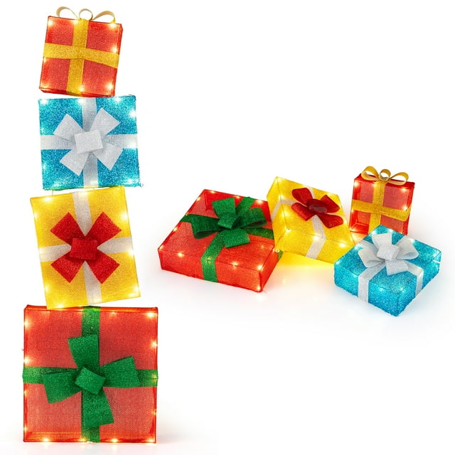 Gymax 4 FT Stackable Holiday Present Boxes w/ LEDs & Bows for Indoor Outdoor Home Multicolor