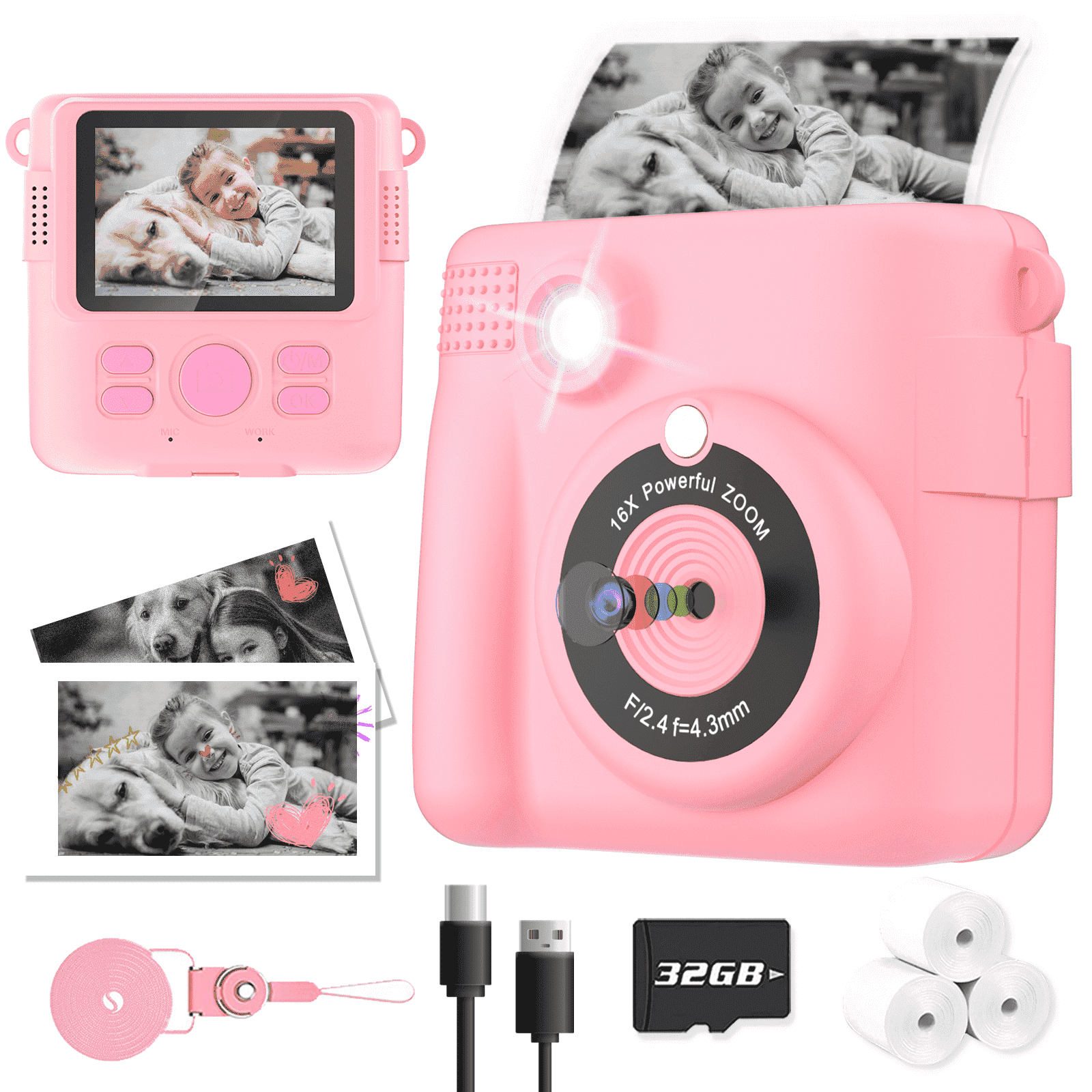 BYSERTEN Instant Print Camera, Portable Digital Cameras for Boys & Girls Age 6-12 Birthday Gifts - Pink