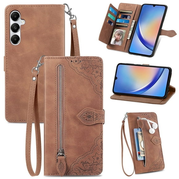 SYITOOCK Phone Case for Samsung Galaxy A35 5G, Shockproof PU Leather Wallet Case with Card Slots Anti-Scratch Stand Magnetic Flip Zipper Pocket Cover for Samsung Galaxy A35 5G, Brown