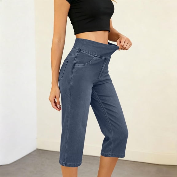 Asgosdo Women Denim Pants Elastic Waisted Straight Leg Casual Basic Going Out Capris Jeans with Pockets