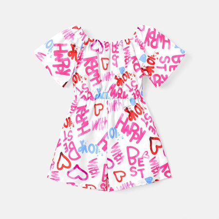 

PatPat Valentine s Day Toddler Girl Letter Love Heart Print Short-sleeve Ruffle Rompers