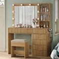 thumbnail image 5 of 47'' W Fluted Vanity Desk, Makeup Vanity With Power Oultlet, 7 Drawers Vanity With 10 LED Lights And Mirror, 3 Lighting Modes Adjustable, Glass Top, Vanity With Chair For Bedroom, Natural, 5 of 9